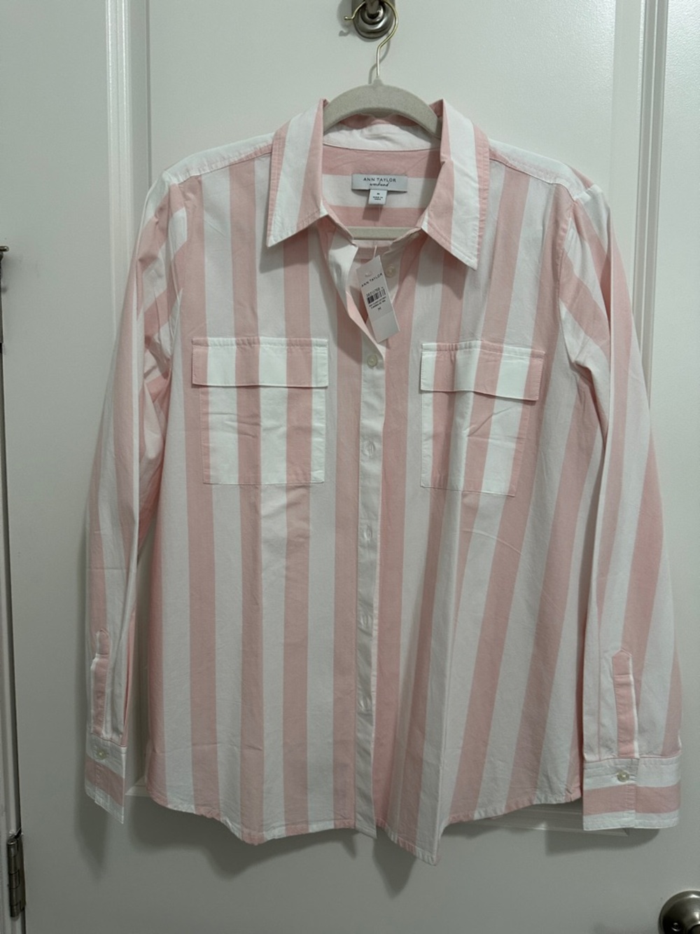 Ann Taylor Pink and White Striped Button-Front Shirt